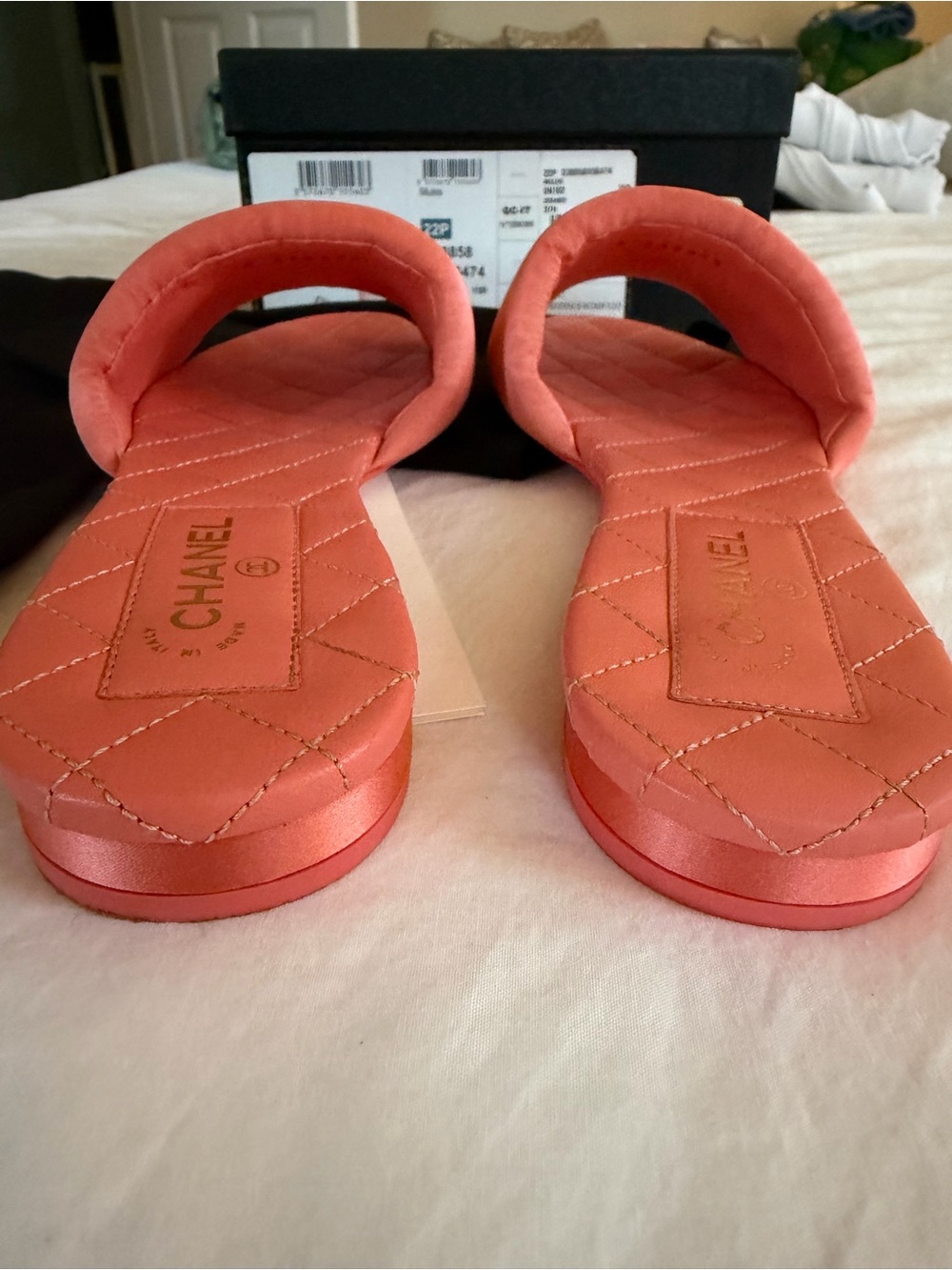 CHANEL Coral Orange Satin CC Mules Slides EU 37.5 | Worn Twice | Box & Dust Bag - Picture 7 of 7
